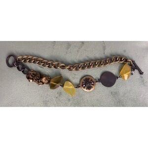 Mixed Media Charm Bracelet Yellow Resin Crystal Brass Tone Toggle Clasp P165